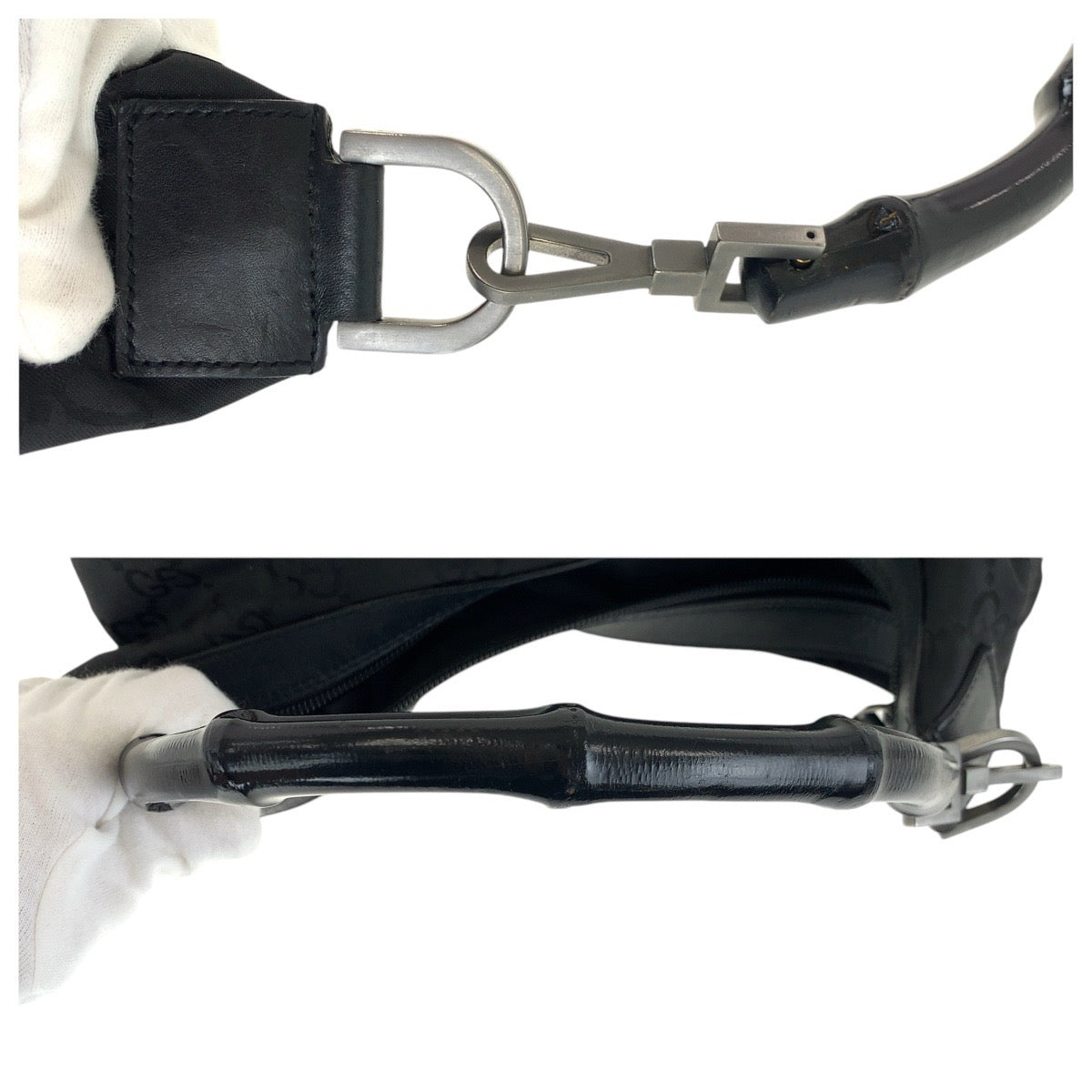 GUCCI Shoulder Bag 000 0531 Nylon, Leather Black SilverMetal Bamboo GG pattern Women Used Authentic