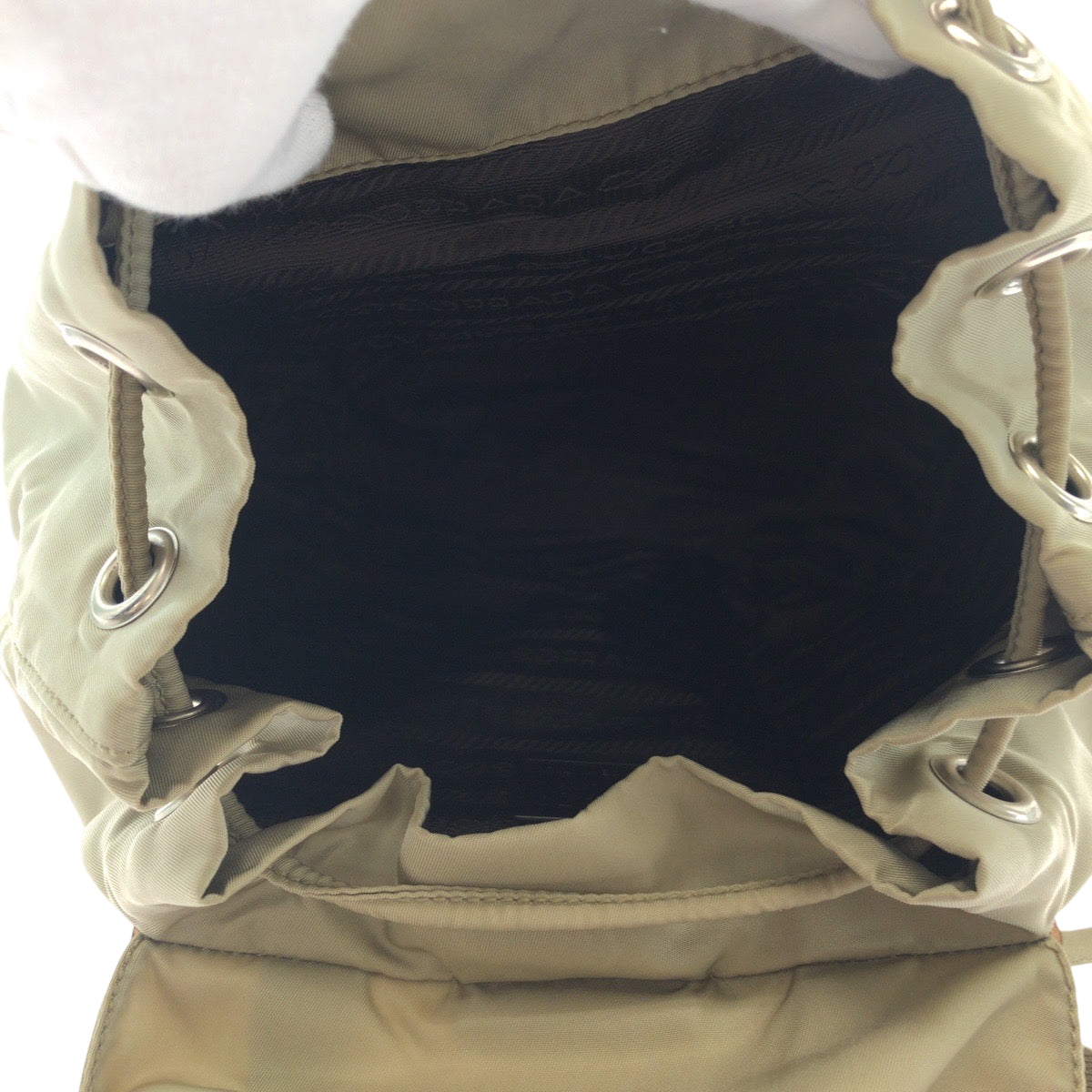 PRADA Backpack Nylon Greige SilverMetal Backpack Backpack Test Triangle With logo Women Used Authentic