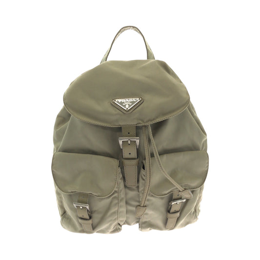 PRADA Backpack Nylon Greige SilverMetal Backpack Backpack Test Triangle With logo Women Used Authentic
