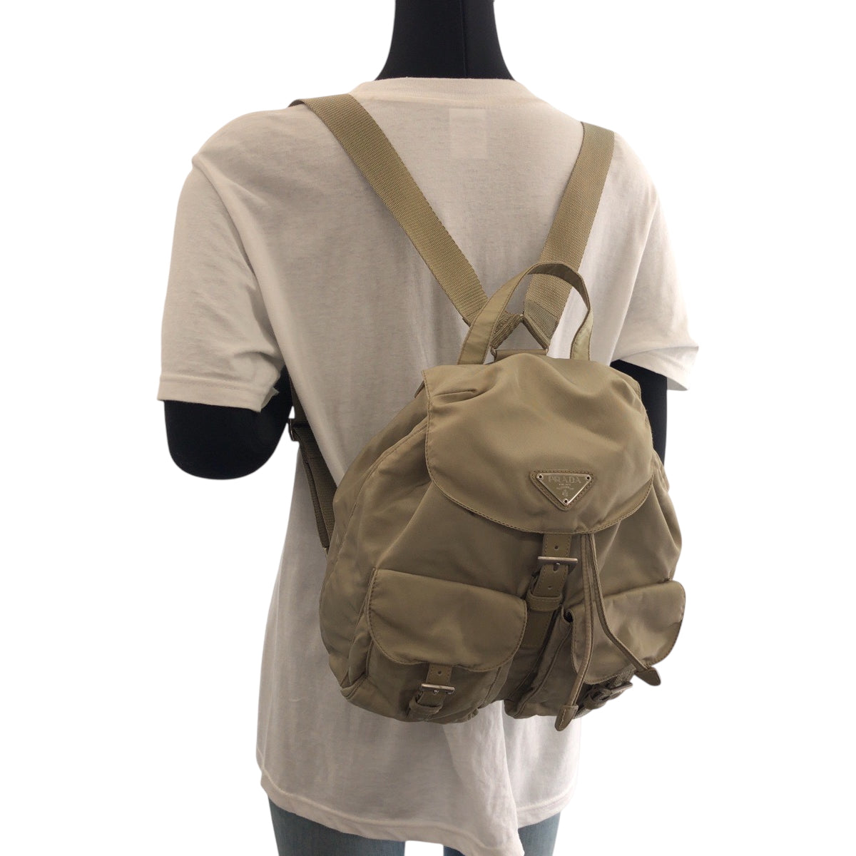 PRADA Backpack Nylon Greige SilverMetal Backpack Backpack Test Triangle With logo Women Used Authentic