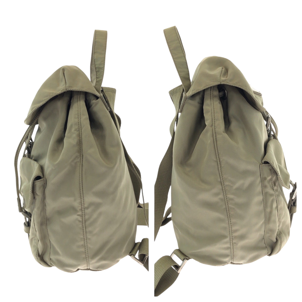 PRADA Backpack Nylon Greige SilverMetal Backpack Backpack Test Triangle With logo Women Used Authentic
