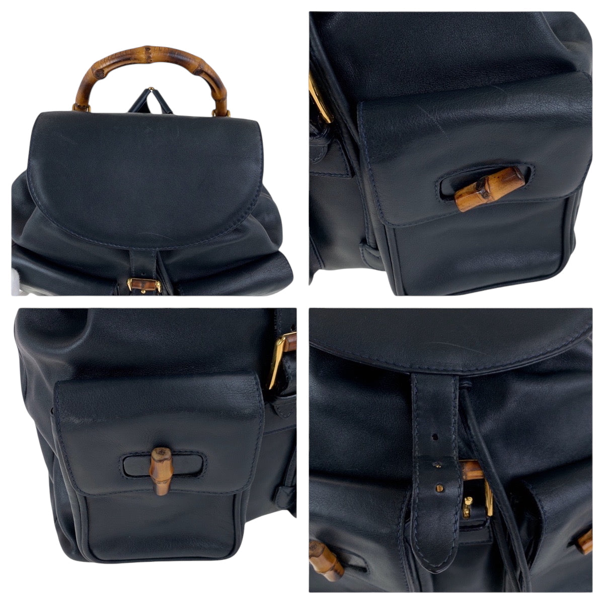 GUCCI Backpack 003 2058 0016 leather Black Brown Gold Metal Backpack Backpack Bamboo Women Used Authentic