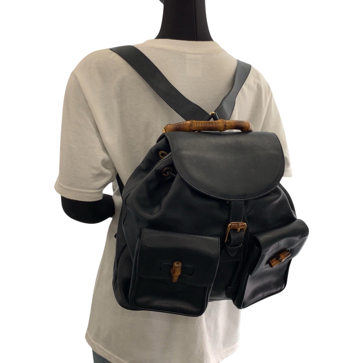GUCCI Backpack 003 2058 0016 leather Black Brown Gold Metal Backpack Backpack Bamboo Women Used Authentic