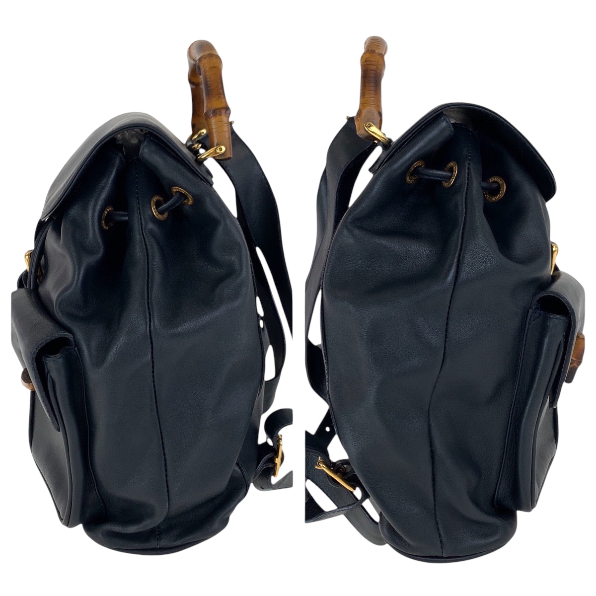 GUCCI Backpack 003 2058 0016 leather Black Brown Gold Metal Backpack Backpack Bamboo Women Used Authentic
