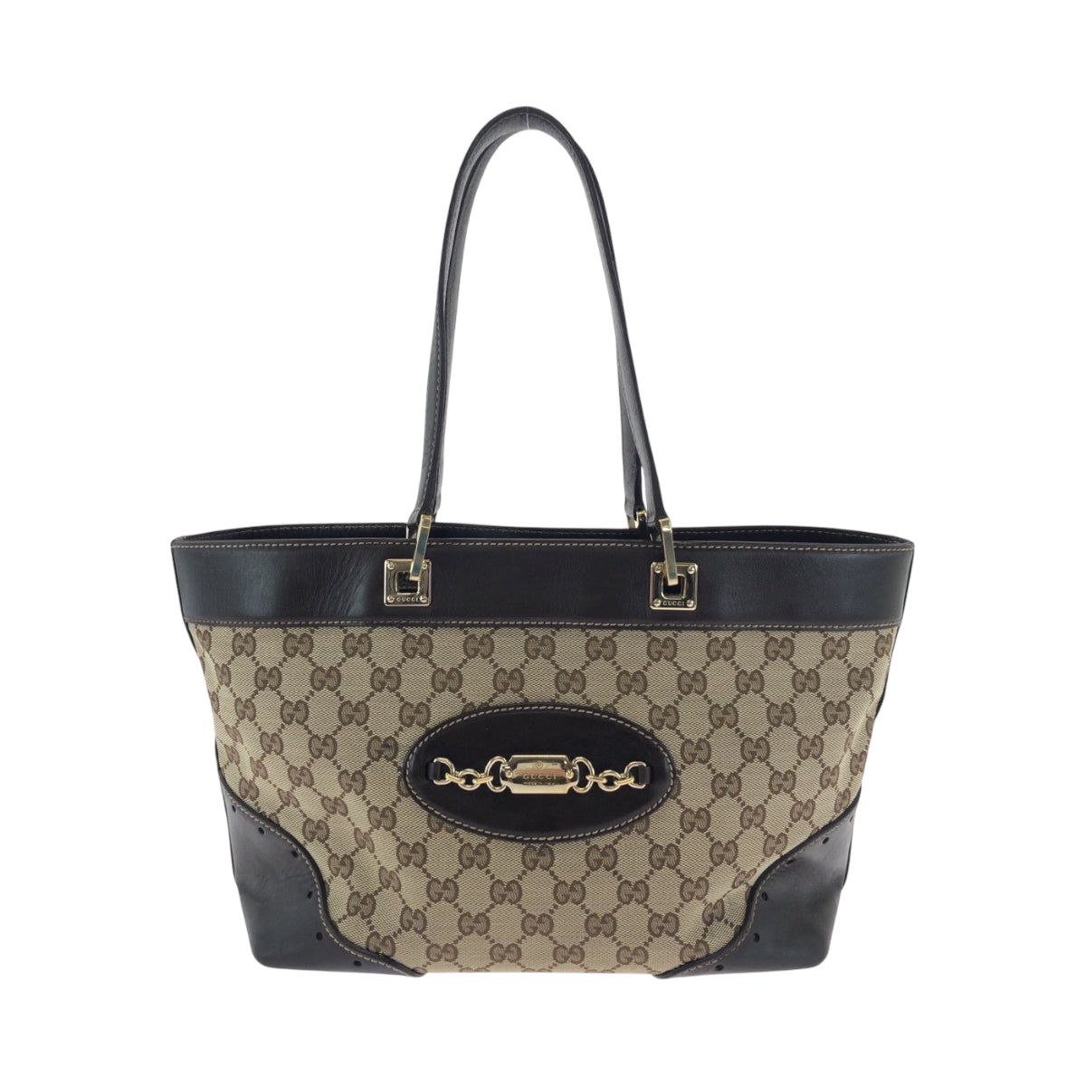 GUCCI Tote Bag 145993 GG canvas Beige Brown Gold Metal Tote Bag Shoulder Bag Women Used Authentic