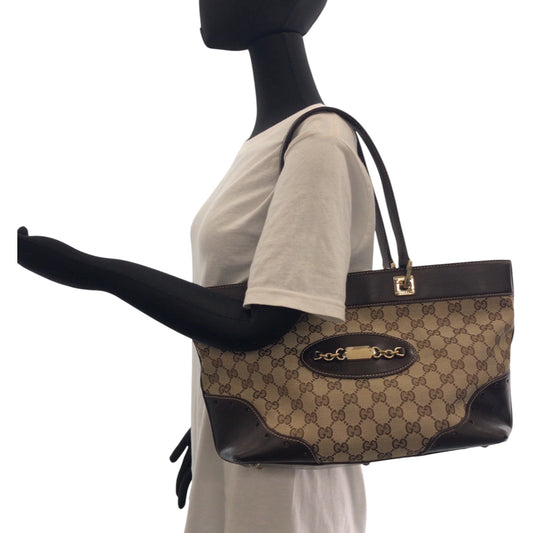 GUCCI Tote Bag 145993 GG canvas Beige Brown Gold Metal Tote Bag Shoulder Bag Women Used Authentic