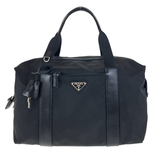 PRADA Tote Bag Nylon, Leather Black SilverMetal Tote Bag Mini Boston Duffel bag Test Triangle With logo Women Used Authentic