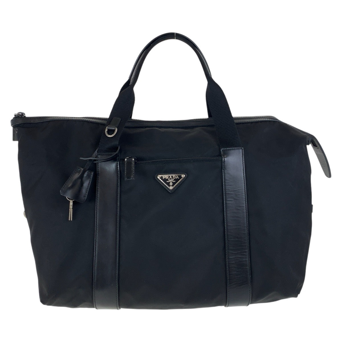 PRADA Tote Bag Nylon, Leather Black SilverMetal Tote Bag Mini Boston Duffel bag Test Triangle With logo Women Used Authentic