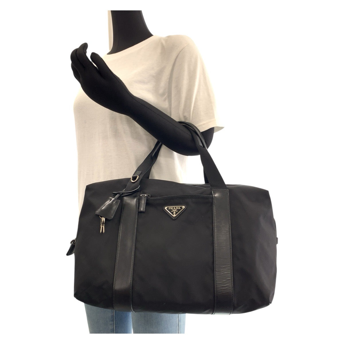 PRADA Tote Bag Nylon, Leather Black SilverMetal Tote Bag Mini Boston Duffel bag Test Triangle With logo Women Used Authentic