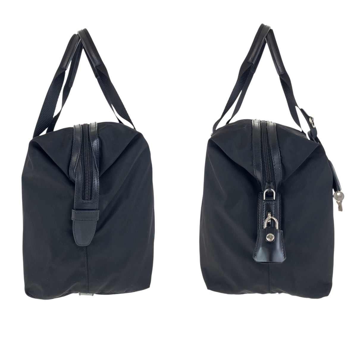 PRADA Tote Bag Nylon, Leather Black SilverMetal Tote Bag Mini Boston Duffel bag Test Triangle With logo Women Used Authentic