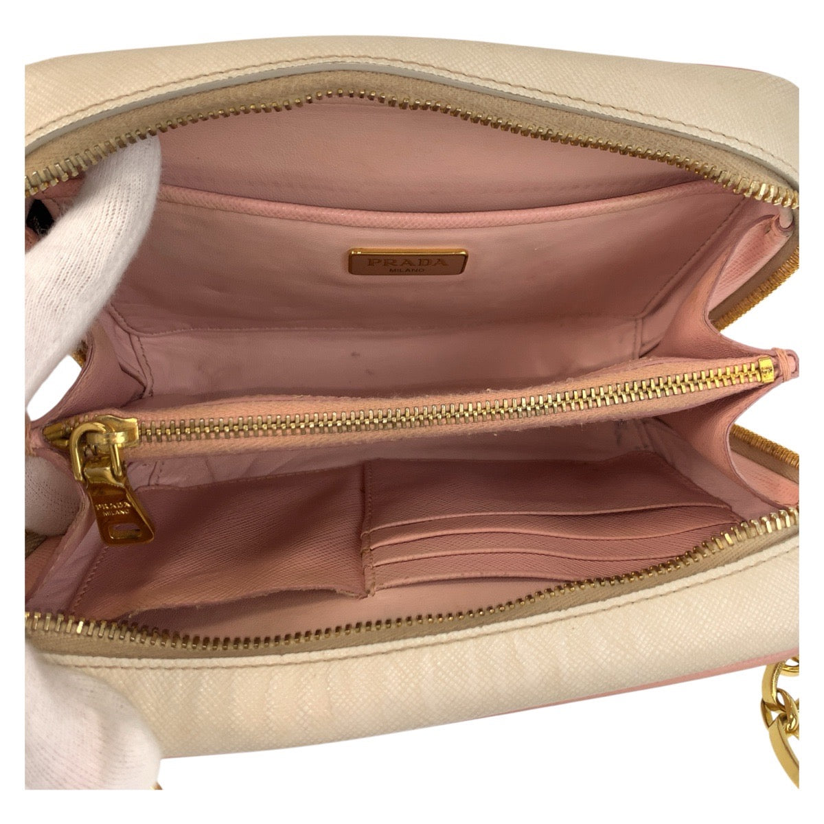 PRADA Shoulder Bag leather Pink Gold Metal Shoulder Bag pochette Safiano Women Used Authentic