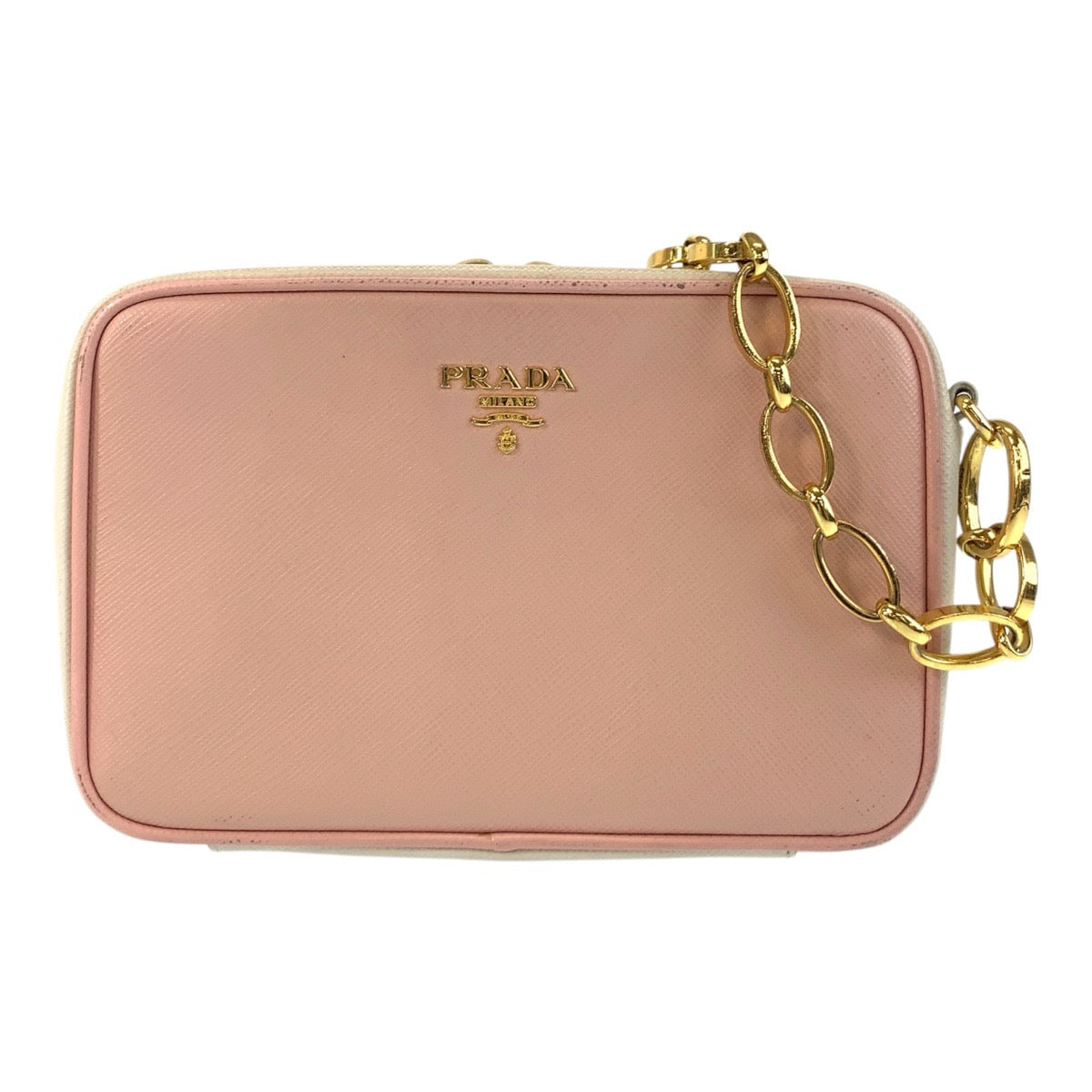PRADA Shoulder Bag leather Pink Gold Metal Shoulder Bag pochette Safiano Women Used Authentic
