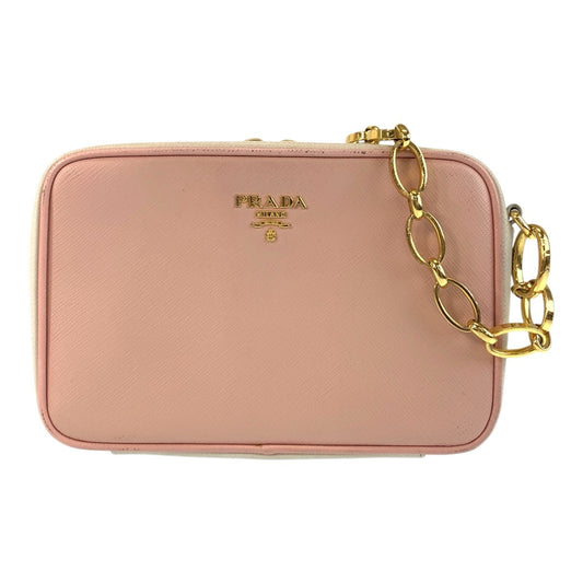 PRADA Shoulder Bag leather Pink Gold Metal Shoulder Bag pochette Safiano Women Used Authentic