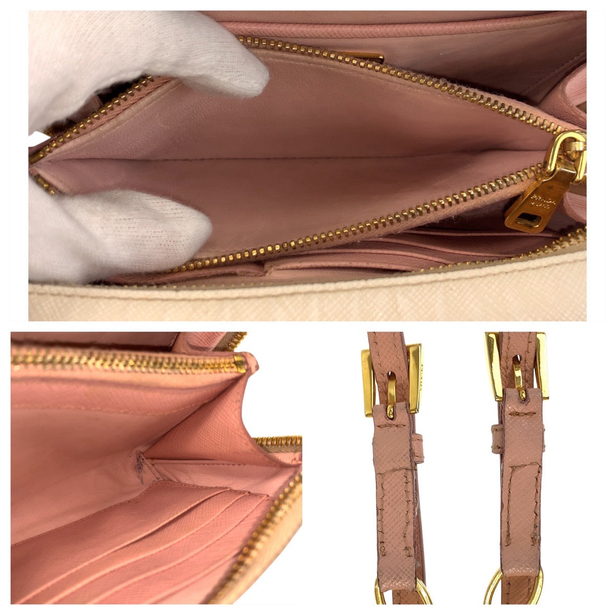 PRADA Shoulder Bag leather Pink Gold Metal Shoulder Bag pochette Safiano Women Used Authentic