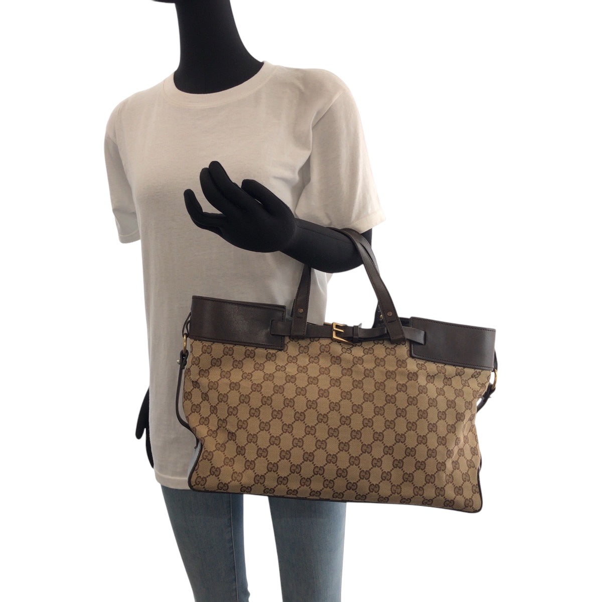 GUCCI Handbag 106258 GG canvas Brown Gold Metal Handbag Tote Bag Women Used Authentic