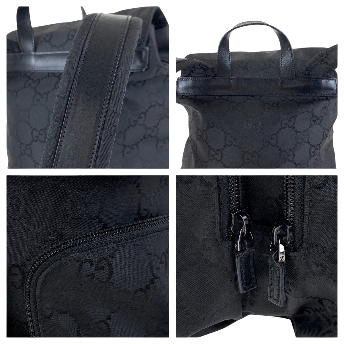 GUCCI Backpack 003 0238 Nylon Black SilverMetal Backpack Backpack GG pattern Women Used Authentic