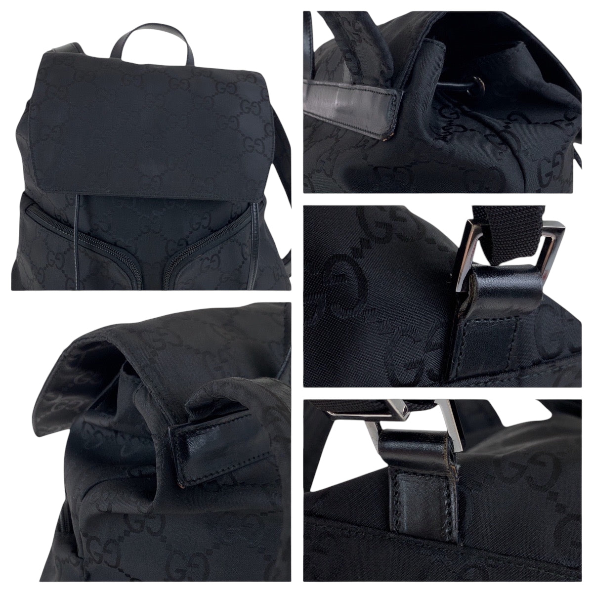 GUCCI Backpack 003 0238 Nylon Black SilverMetal Backpack Backpack GG pattern Women Used Authentic