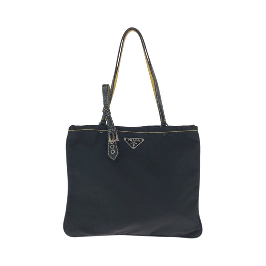 PRADA Tote Bag Nylon Black Yellow SilverMetal Tote Bag handbag Test Triangle With logo Women Used Authentic
