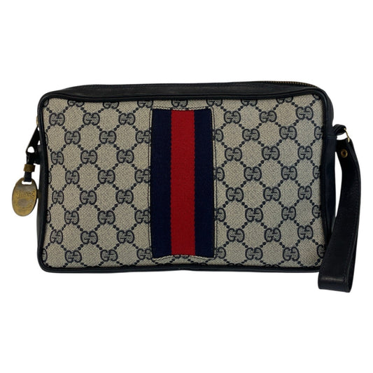 GUCCI business bag GG Supreme Canvas Gray Navy Gold Metal Sherry line