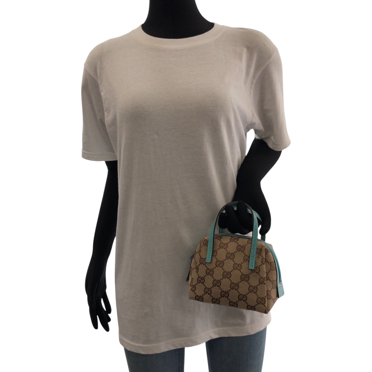 GUCCI Handbag 124541 GG canvas Beige Turquoise Blue Blue Metal Handbag mini bag Women Used Authentic