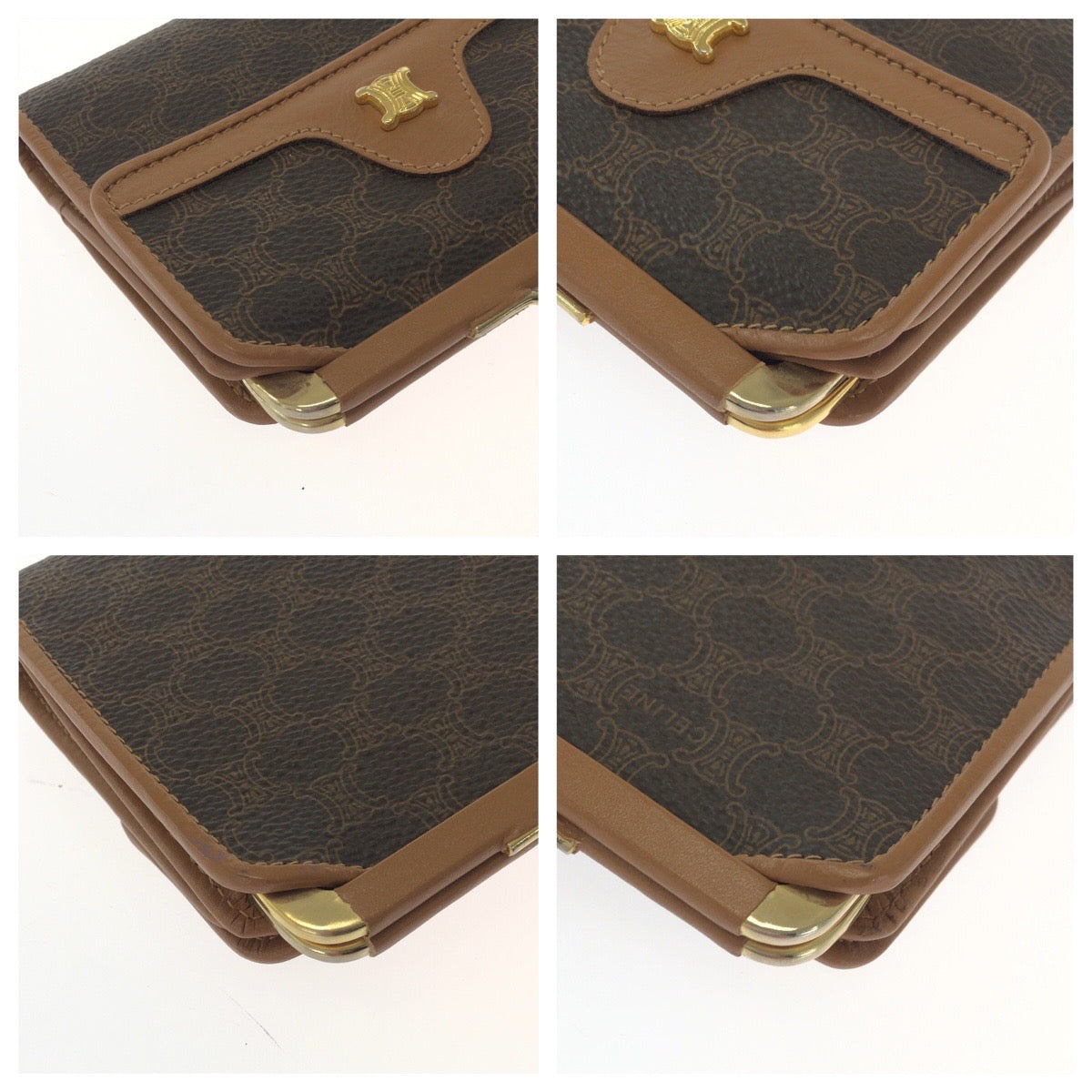 CELINE Tri-fold wallet PVC Brown Gold Metal Purse Folding Wallet Compact Wallet Macadam Pattern Women Used Authentic