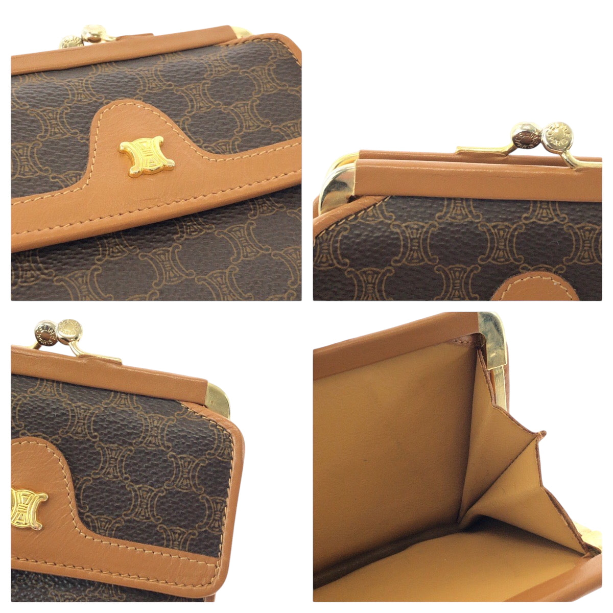CELINE Tri-fold wallet PVC Brown Gold Metal Purse Folding Wallet Compact Wallet Macadam Pattern Women Used Authentic