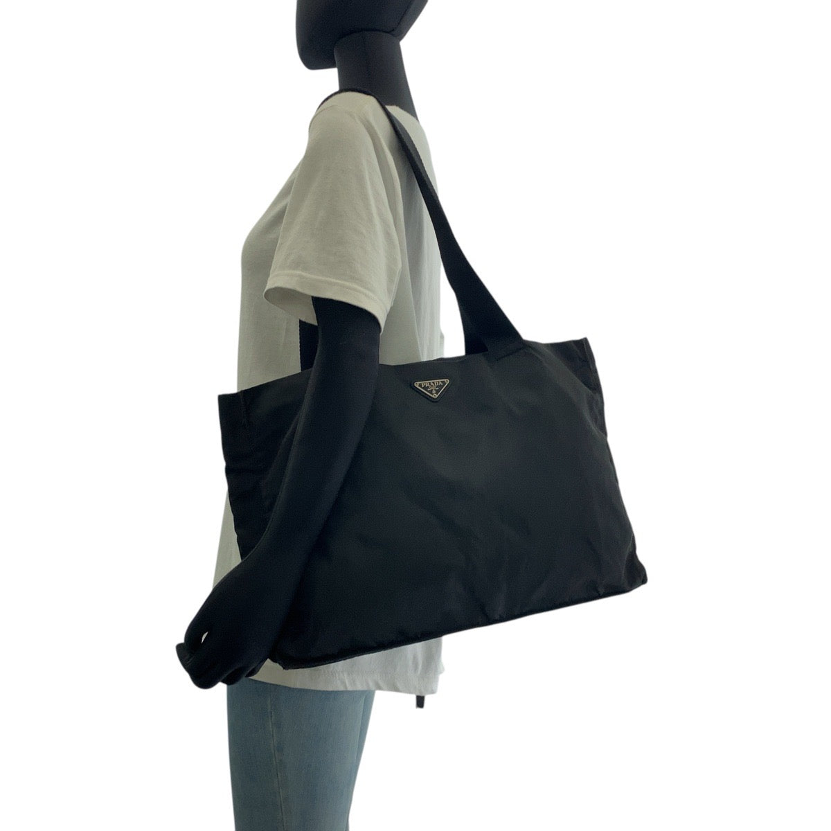 PRADA Tote Bag Nylon Black SilverMetal Tote Bag Shoulder Bag Unisex Test Triangle With logo Women Used Authentic