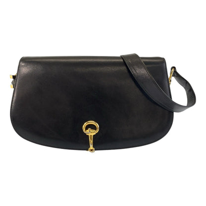 GUCCI Shoulder Bag leather Black GoldMetal Shoulder Bag pochette Horsebit Women Used Authentic