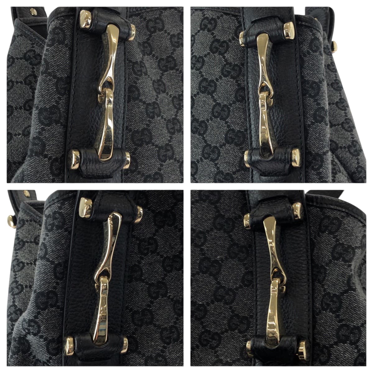 GUCCI Tote Bag 292927 GG canvas Black, Gray, Gold Metal Tote Bag Handbag Shoulder Bag Horsebit Women Used Authentic