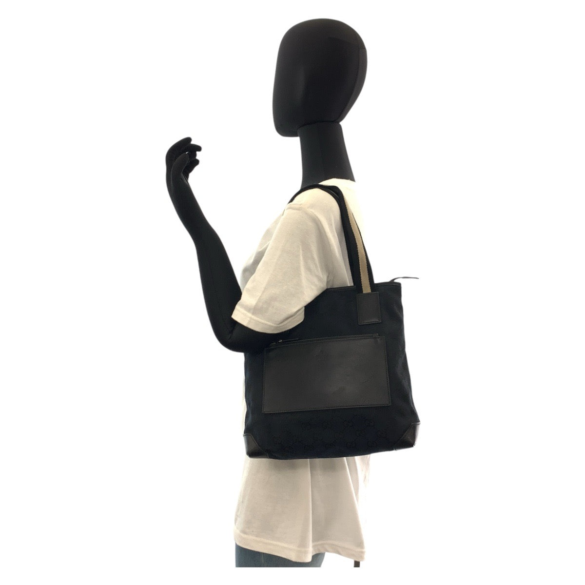 GUCCI Tote Bag 019 0402 GG canvas, leather Black black Tote Bag Shoulder Bag Sherry line Women Used Authentic