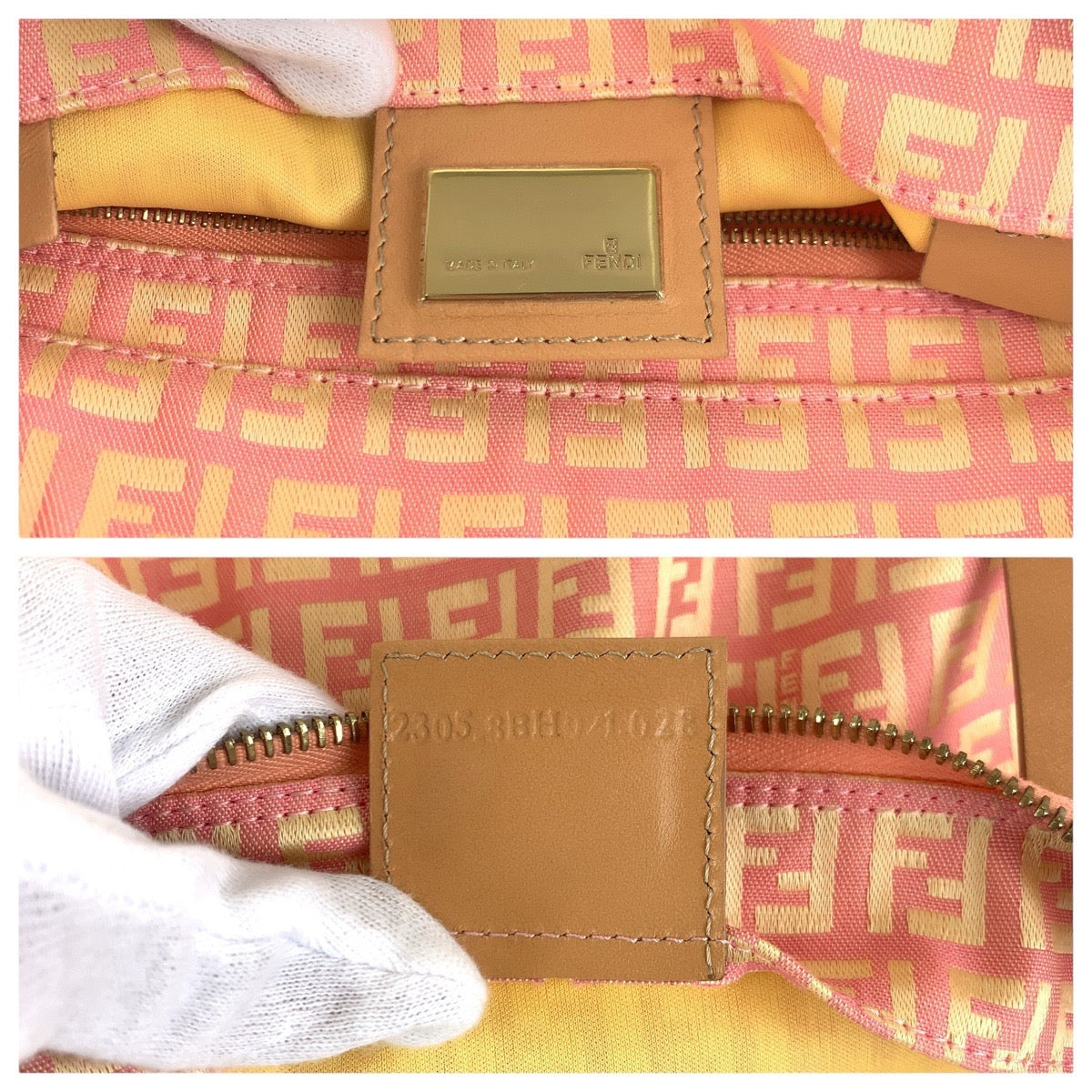 FENDI Tote Bag 2305 8BH021 028 Canvas, Leather Pink Beige Gold Metal Tote Bag Shoulder Bag Zucchino Women Used Authentic
