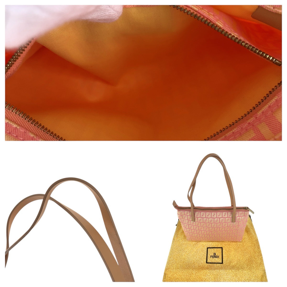 FENDI Tote Bag 2305 8BH021 028 Canvas, Leather Pink Beige Gold Metal Tote Bag Shoulder Bag Zucchino Women Used Authentic