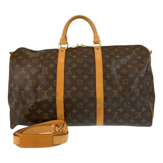 LOUIS VUITTON Boston Duffel bag M41426 PVC, Leather Brown Gold Metal Boston Duffel bag Shoulder Bag 2way Monogram Keepall 50 bandouliere mens Used Authentic