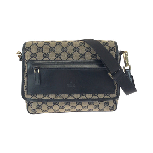GUCCI Shoulder Bag 019 0375 GG canvas Beige Black Gold Metal Shoulder Bag Messenger bag Women Used Authentic