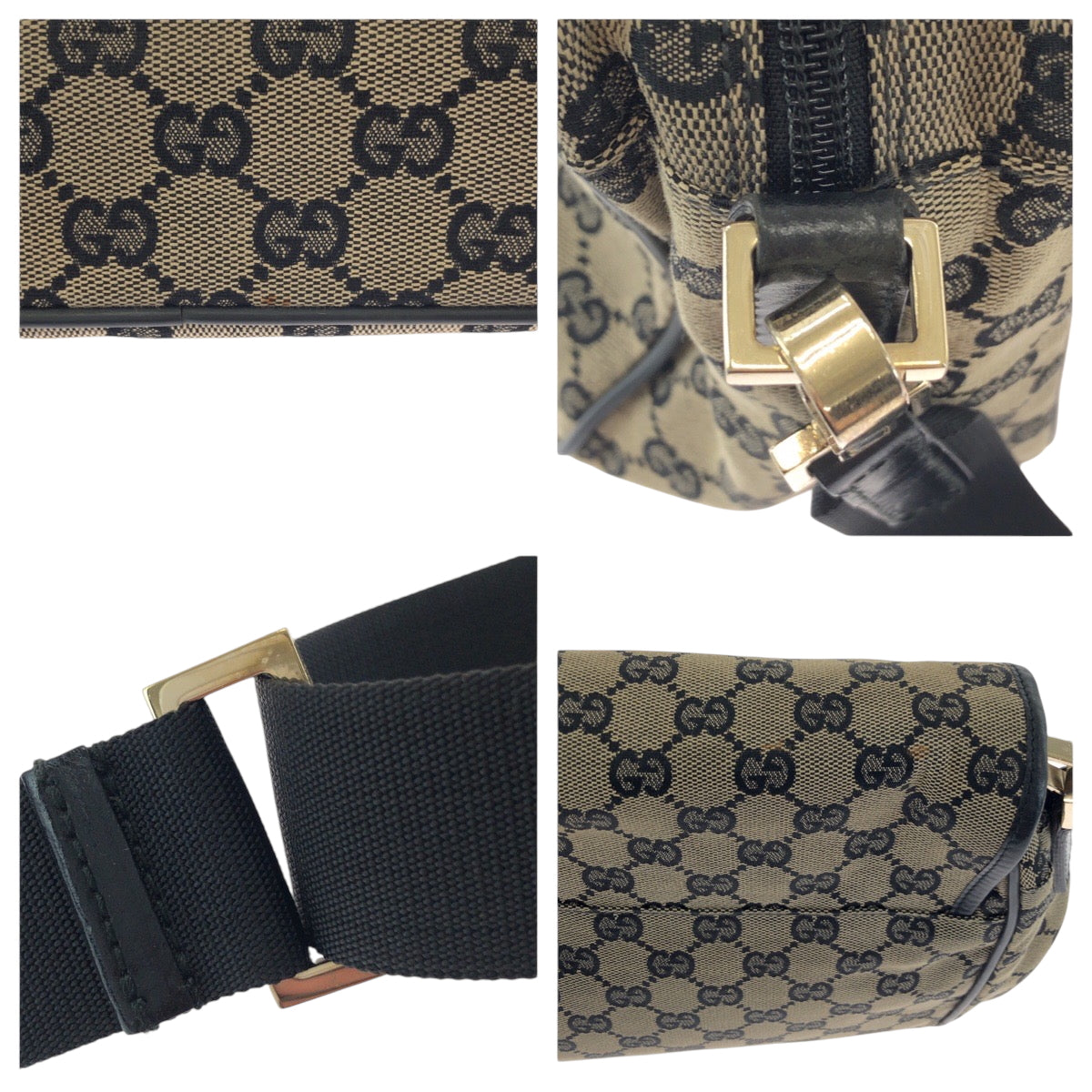 GUCCI Shoulder Bag 019 0375 GG canvas Beige Black Gold Metal Shoulder Bag Messenger bag Women Used Authentic