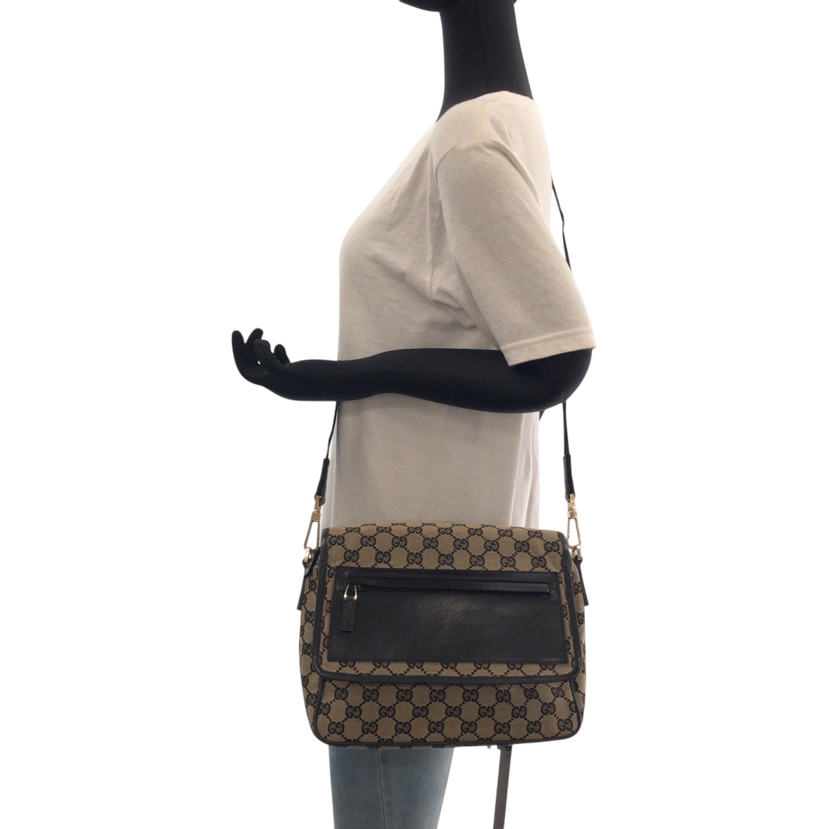 GUCCI Shoulder Bag 019 0375 GG canvas Beige Black Gold Metal Shoulder Bag Messenger bag Women Used Authentic