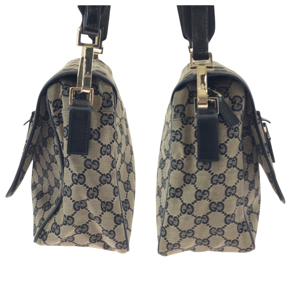 GUCCI Shoulder Bag 019 0375 GG canvas Beige Black Gold Metal Shoulder Bag Messenger bag Women Used Authentic