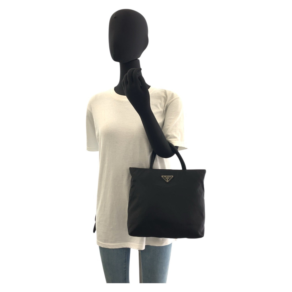 PRADA Tote Bag Nylon Black SilverMetal Tote Bag handbag Test Triangle With logo Women Used Authentic