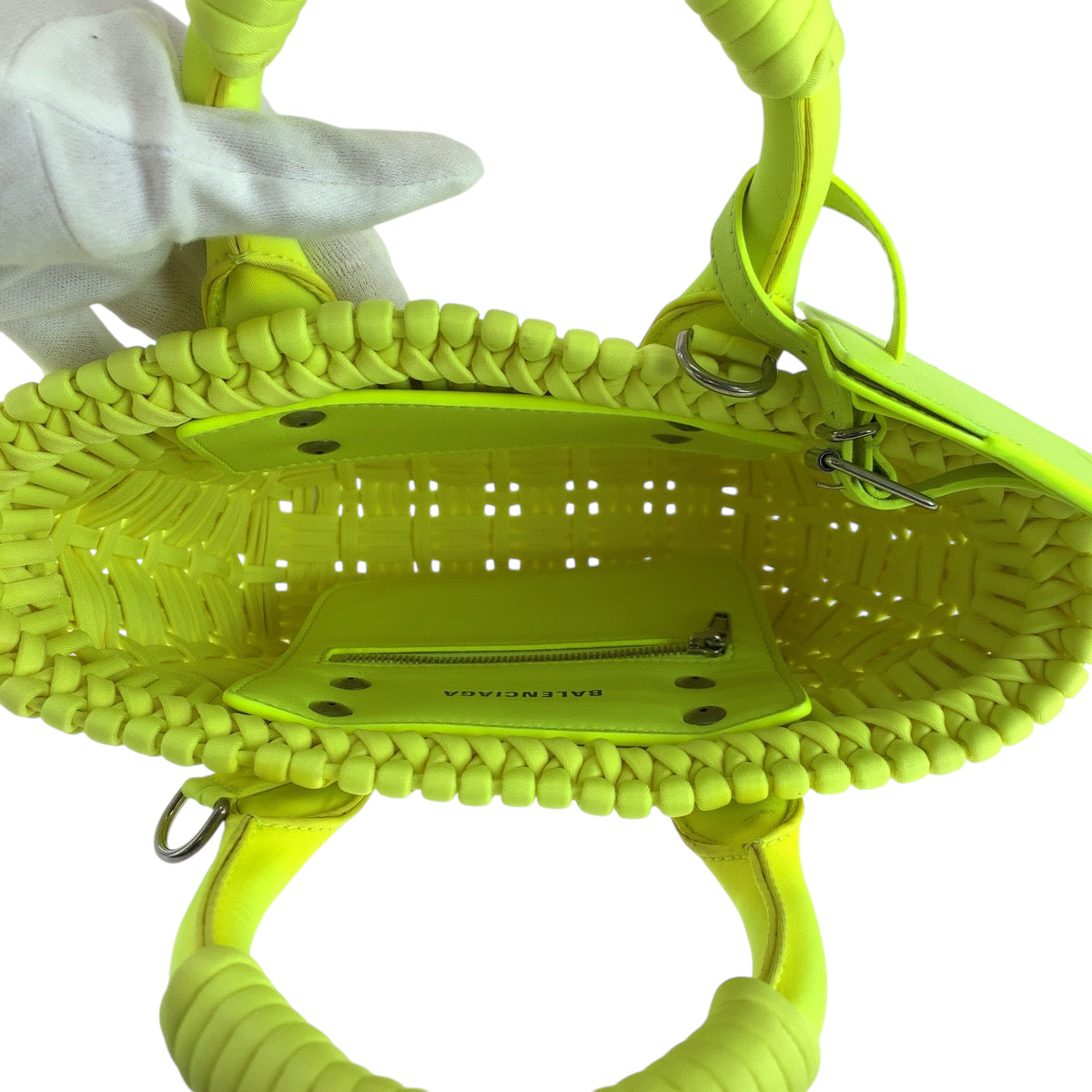 BALENCIAGA Shoulder Bag 678028 fabric Neon Yellow SilverMetal Shoulder Bag Tote Bag Handbag 2way Bistro XXS Basket bag Women Used Authentic