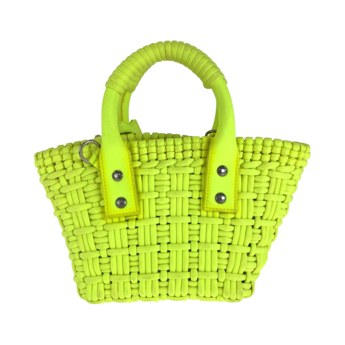 BALENCIAGA Shoulder Bag 678028 fabric Neon Yellow SilverMetal Shoulder Bag Tote Bag Handbag 2way Bistro XXS Basket bag Women Used Authentic