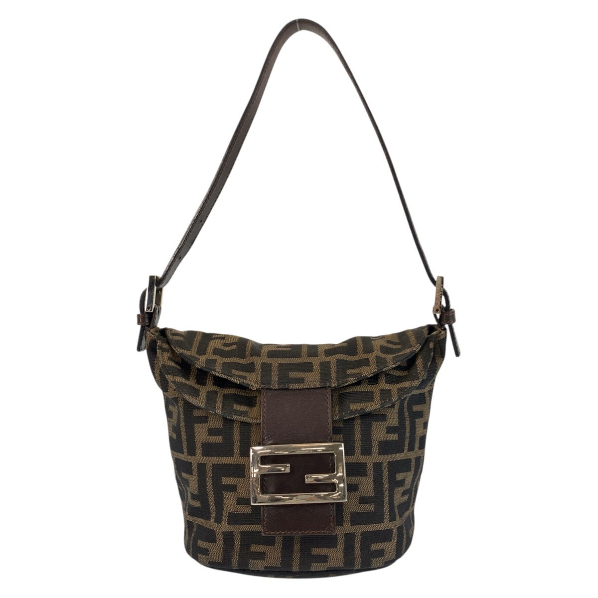 FENDI Shoulder Bag Canvas, Leather Brown Silver Metal Zucca Mamma Bucket Women Used Authentic