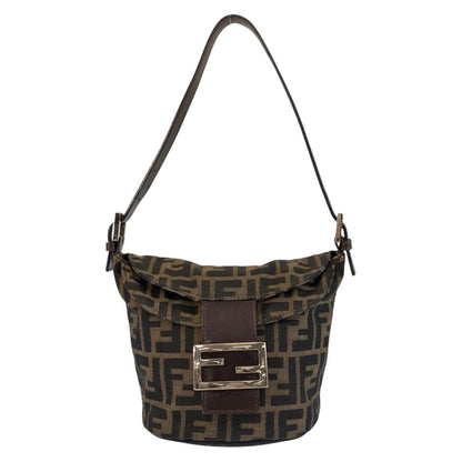 FENDI Shoulder Bag Canvas, Leather Brown Silver Metal Zucca Mamma Bucket Women Used Authentic