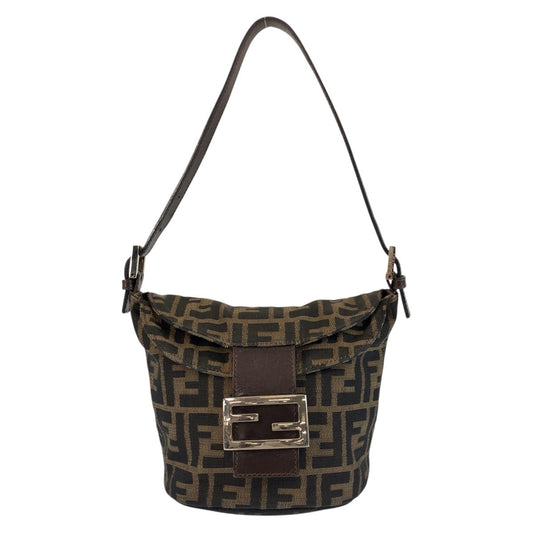FENDI Shoulder Bag Canvas, Leather Brown Silver Metal Zucca Mamma Bucket Women Used Authentic