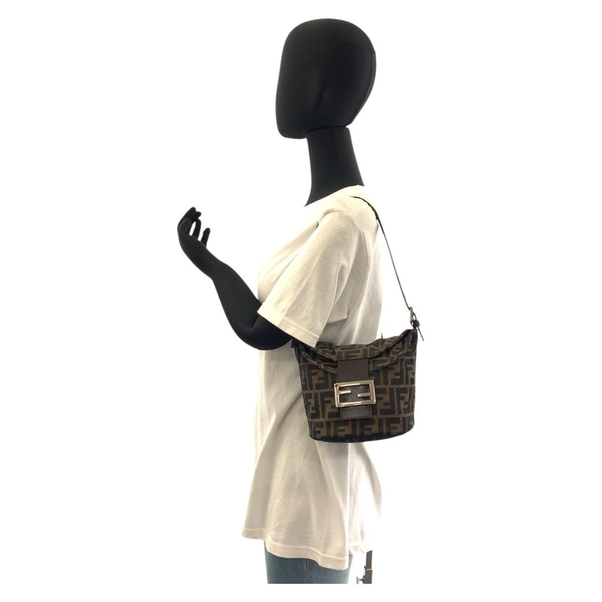 FENDI Shoulder Bag Canvas, Leather Brown Silver Metal Zucca Mamma Bucket Women Used Authentic