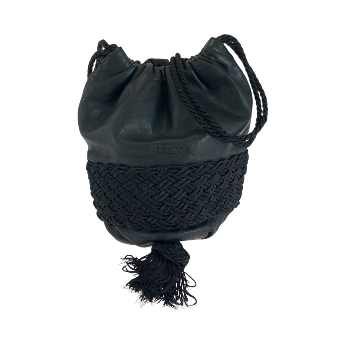 LOEWE Shoulder Bag leather Black black Shoulder Bag Drawstring Bag logo fringe Women Used Authentic