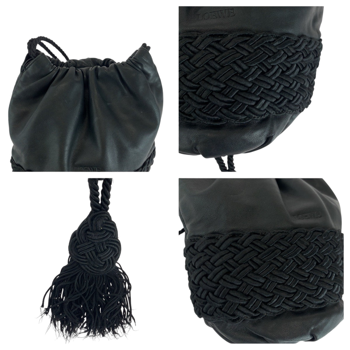 LOEWE Shoulder Bag leather Black black Shoulder Bag Drawstring Bag logo fringe Women Used Authentic