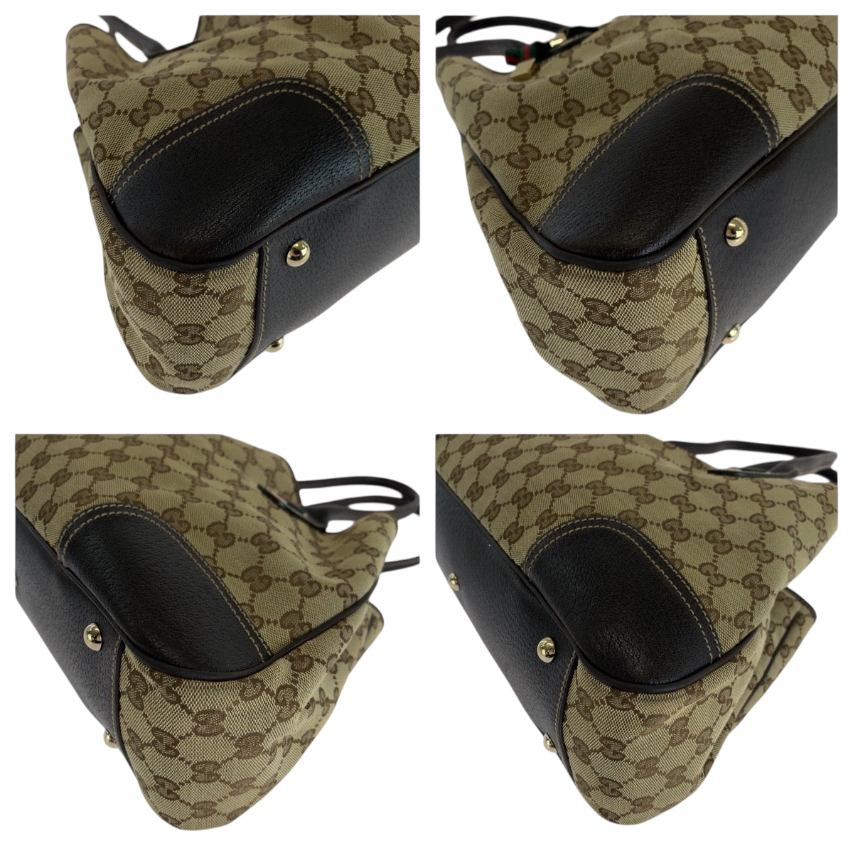 GUCCI Tote Bag 163805 GG canvas Beige Brown Gold Metal Tote Bag Shoulder Bag Sherry line Pretty Women Used Authentic