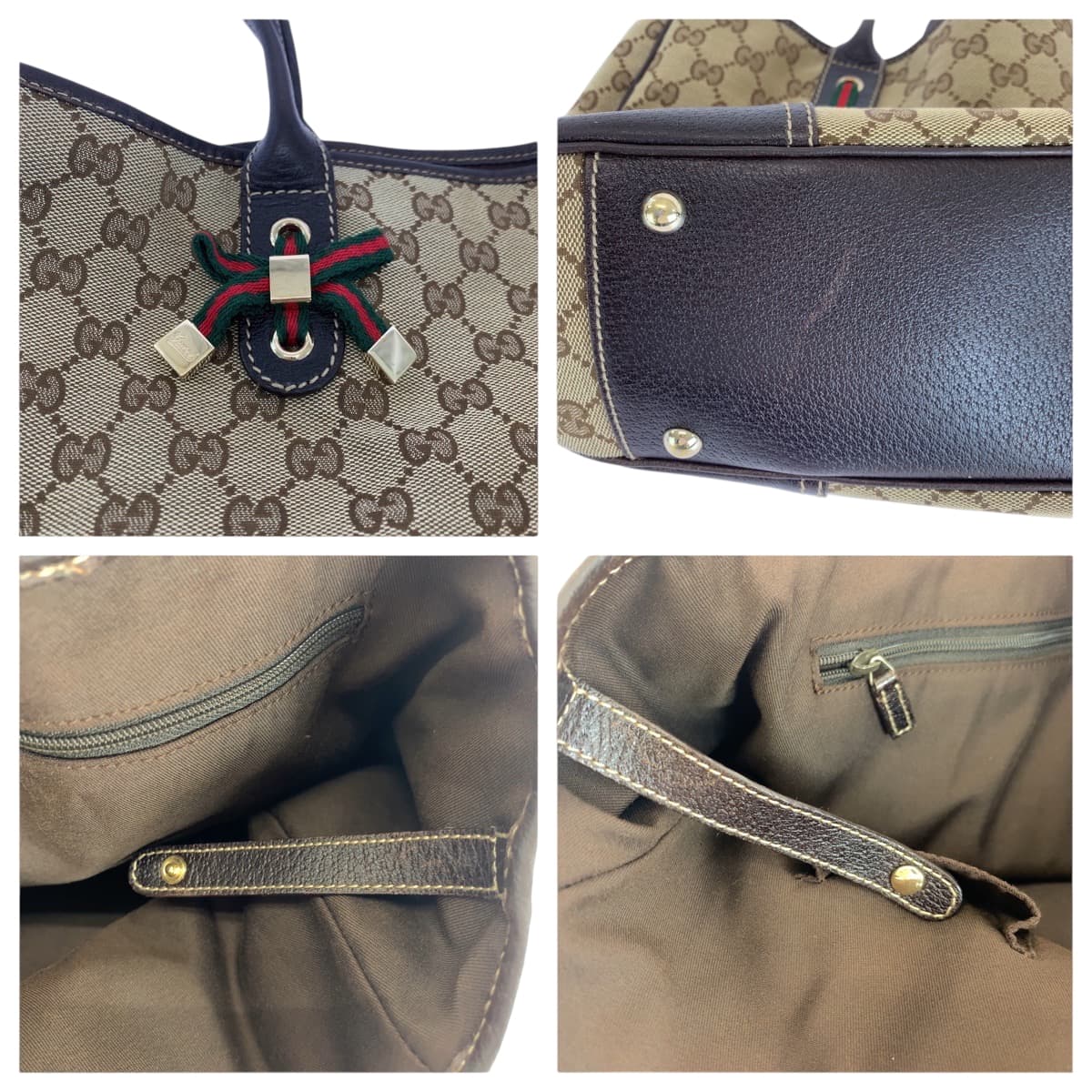 GUCCI Tote Bag 163805 GG canvas Beige Brown Gold Metal Tote Bag Shoulder Bag Sherry line Pretty Women Used Authentic