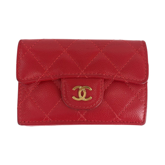 CHANEL Tri-fold wallet Caviar skin Red Gold Metal Folding wallet Compact wallet Matelasse small flap COCO Mark Women Used Authentic