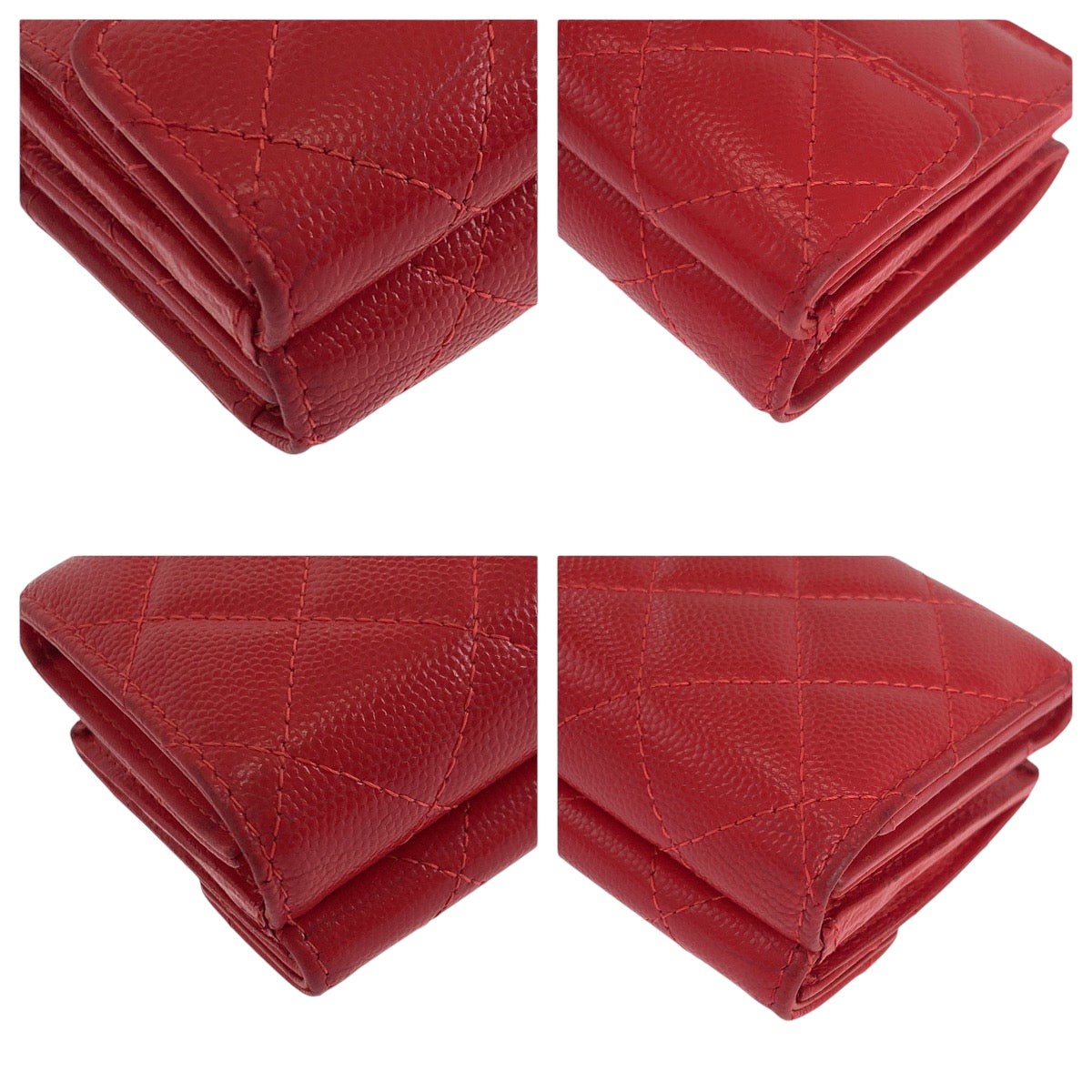 CHANEL Tri-fold wallet Caviar skin Red Gold Metal Folding wallet Compact wallet Matelasse small flap COCO Mark Women Used Authentic